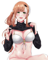 Rule 34 | 1girl, asymmetrical bangs, bikini, bikini top only, black hairband, black sweater, blush, bottomless, bra, breasts, brown hair, clothes lift, flower, granblue fantasy, green eyes, hair flower, hair ornament, hairband, hallovveen, highres, large breasts, lifting own clothes, long hair, long sleeves, looking at viewer, navel, open mouth, ribbed sweater, side ponytail, simple background, sitting, smile, solo, sweater, sweater lift, swimsuit, tweyen (granblue fantasy), underwear, white background, white bikini, white bra