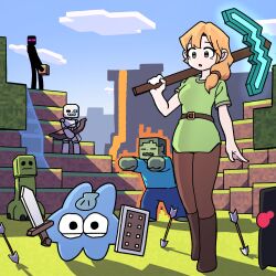 Rule 34 | 1girl, 1other, alex (minecraft), arrow (projectile), belt, boots, bow (weapon), brown pants, creeper, day, enderman, full body, green eyes, green shirt, highres, hongya (hongyatta), hongyatta, long hair, minecraft, minecraft pickaxe, orange hair, original, outdoors, pants, shirt, short sleeves, skeleton (minecraft), sky, standing, weapon, zombie (minecraft)
