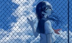 Rule 34 | 1girl, black hair, blue eyes, blue sailor collar, blue theme, chain-link fence, cloud, commentary request, fence, from side, hair between eyes, highres, long hair, looking at viewer, looking to the side, neckerchief, original, outdoors, parted lips, red neckerchief, saikisaika, sailor collar, school uniform, serafuku, shirt, short sleeves, sky, solo, upper body, white serafuku, white shirt