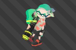 Rule 34 | 1boy, diagonal stripes, from above, glasses, green hair, grey background, hawaiian shirt, heavy splatling (splatoon), highres, inkling, inkling boy, inkling player character, male focus, nintendo, official art, pointy ears, shirt, shoes, simple background, sneakers, solo, splatoon (series), splatoon 2, striped, striped background, tentacle hair