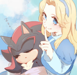 Rule 34 | 1boy, 1girl, animal nose, bad id, bad pixiv id, blonde hair, blue eyes, blue hairband, blue shirt, closed mouth, finger to mouth, furry, furry male, furry with non-furry, hairband, index finger raised, interspecies, long hair, long sleeves, looking at viewer, maria robotnik, msg01, shadow the hedgehog, shirt, shushing, sleeping, smile, sonic (series), split mouth, zzz