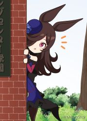 Rule 34 | :o, animal ears, bare shoulders, blue dress, blue flower, blue hat, blue rose, blush, brick wall, brown hair, commentary request, day, dress, flower, hair over one eye, hands up, hat, hat flower, horse ears, horse girl, horse tail, long hair, looking at viewer, mitya, notice lines, off-shoulder dress, off shoulder, outdoors, parted lips, peeking out, pleated dress, purple eyes, rice shower (umamusume), rose, tail, tilted headwear, tree, umamusume, very long hair