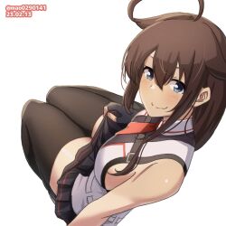 Rule 34 | 1girl, armband, belt, blue eyes, braid, brown hair, chest harness, dated, hair flaps, hair ornament, hair over shoulder, harness, kantai collection, kantai collection (anime), looking at viewer, m.a.o, multicolored clothes, neckerchief, necktie, off shoulder, one-hour drawing challenge, red armband, red neckerchief, red necktie, school uniform, serafuku, shigure (kancolle), shigure kai san (kancolle), single braid, sitting, sleeveless, thighhighs, twitter username, two-tone shirt, white background, white belt