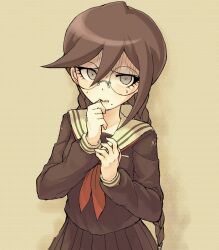 1girl black_shirt black_skirt braid brown_hair danganronpa:_trigger_happy_havoc danganronpa_(series) eyelashes fukawa_toko glasses long_hair mole mole_under_mouth nannkaimo neckerchief nervous_sweating red_neckerchief round_eyewear sailor_collar school_uniform serafuku shirt simple_background skirt solo standing sweat twin_braids twintails white_sailor_collar