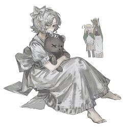Rule 34 | 1boy, 2girls, ^^^, absurdres, androgynous, back bow, barefoot, black eyes, bow, cithis, crossdressing, dress, dungeon meshi, elf, frilled dress, frilled sleeves, frills, from side, full body, grey hair, hair bow, half-closed eye, highres, holding, holding stuffed toy, huang du du, knees together feet apart, knees up, looking at viewer, male focus, misyl (dungeon meshi), mithrun, multiple girls, pointy ears, puffy short sleeves, puffy sleeves, short hair, short sleeves, simple background, sitting, solo focus, stuffed animal, stuffed toy, teddy bear, uneven eyes, white background, white dress