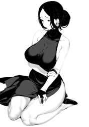 Rule 34 | 1girl, absurdres, arm under breasts, bare shoulders, breasts, dress, gloves, greyscale, hair bun, highres, holding own arm, large breasts, looking down, monochrome, nakamura regura, original, parted bangs, partially fingerless gloves, side slit, single hair bun, sitting, sleeveless, sleeveless dress, solo, sweatdrop, thighs, wariza, white background