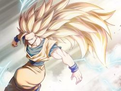 Rule 34 | 1boy, bracelet, closed mouth, dragon ball, dragonball z, electricity, highres, jewelry, long hair, male focus, mattari illust, muscular, no eyebrows, serious, smoke, solo, son goku, spiked hair, super saiyan, super saiyan 3, very long hair