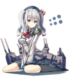 Rule 34 | 10s, 1girl, bad id, bad pixiv id, beret, between legs, black socks, blue eyes, epaulettes, frilled sleeves, frills, gloves, grey skirt, hand between legs, hat, highres, kantai collection, kashima (kancolle), kneehighs, looking at viewer, military, military uniform, miniskirt, pleated skirt, sidelocks, silver hair, sitting, skirt, smile, socks, solo, suminagashi, twintails, uniform, v arms, wariza, wavy hair, white gloves