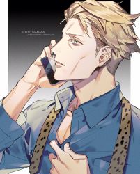 Rule 34 | 1boy, black background, blonde hair, blue eyes, blue shirt, cellphone, character name, collared shirt, copyright name, dress shirt, gradient background, hand up, highres, holding, holding phone, jujutsu kaisen, jyun xix, long sleeves, looking away, male focus, nanami kento, necktie, parted lips, phone, profile, shirt, short hair, solo, talking on phone, twitter username, upper body, white background