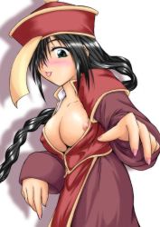 Rule 34 | 1girl, :p, black hair, breasts, cleavage, grey eyes, jiangshi, large breasts, munak, nipples, open clothes, open shirt, ragnarok online, shirt, solo, tongue, tongue out