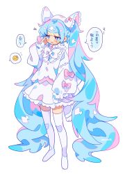 Rule 34 | 1girl, alternate costume, animal ear hairband, animal ears, blue hair, bow, bowtie, cat ear hairband, cat ears, cat hair ornament, dress, embarrassed, emphasis lines, fake animal ears, frilled dress, frilled hat, frills, hair ornament, hairband, hat, hatsune miku, highres, multicolored hair, pink bow, pink hair, solo, speech bubble, spoken expression, thighhighs, translation request, twintails, uenomigi, vocaloid, white background, white bow, white dress, white thighhighs