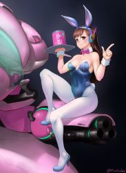 Rule 34 | 1girl, animal ears, bare shoulders, bow, bowtie, breasts, breasts apart, brown eyes, brown hair, cannon, cleavage, collarbone, covered navel, d.va (overwatch), detached collar, facial mark, fake animal ears, finalcake, hand up, high heels, highres, leotard, long hair, looking at viewer, mecha, meka (overwatch), overwatch, overwatch 1, pantyhose, playboy bunny, rabbit ears, rabbit tail, robot, shoes, sitting, smile, solo, tail, tray, twitter username, weapon, whisker markings, white pantyhose, wrist cuffs