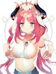 Rule 34 | 1girl, :t, angry, bare shoulders, blue eyes, blush, breasts, brooch, circlet, closed mouth, commentary request, crop top, detached sleeves, genshin impact, hands up, harem outfit, highres, horns, jewelry, long sleeves, looking at viewer, medium breasts, neck ring, nilou (genshin impact), parted bangs, pout, puffy long sleeves, puffy sleeves, sakurahara, simple background, solo, stomach, twintails, twitter username, v-shaped eyebrows, veil, white background