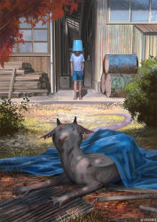 Rule 34 | 1other, ambiguous gender, barefoot, blanket, blue shirt, bucket, bucket on head, commentary request, creature, day, dragon, dragon tail, highres, house, injury, lying, monokubo, object on head, original, outdoors, rural, scenery, shirt, short sleeves, shorts, solo, standing, tail