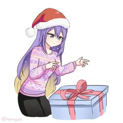 Rule 34 | 1girl, alternate costume, black pants, blonde hair, casual, cropped legs, eyelashes, gift, gradient hair, hat, highres, hololive, hololive indonesia, hoonyusi, long hair, moona hoshinova, multicolored hair, pants, purple eyes, purple hair, red ribbon, ribbon, santa hat, simple background, solo, starry hair, sweater, twitter username, very long hair, virtual youtuber, white background