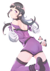 Rule 34 | 1girl, ass, bag, black hair, boots, breasts, cleavage, eating, food, galacta, gloves, highres, marvel, medium breasts, purple eyes, thigh boots, thighhighs