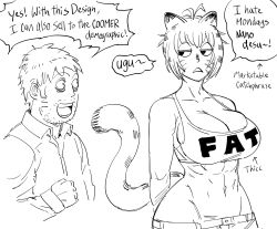 Rule 34 | 1boy, 1girl, :d, abs, animal ears, antenna hair, artist self-insert, bb (baalbuddy), beard, breasts, cat ears, cat girl, cat tail, cleavage, clothes writing, commentary, english commentary, english text, facial hair, facial mark, garfield, garfield (character), genderswap, genderswap (mtf), greyscale, highres, humanization, jitome, large breasts, monochrome, muscular, muscular female, navel, open mouth, original, parted lips, personification, short hair, simple background, smile, striped tail, tail, tank top, whisker markings, white background, wide-eyed