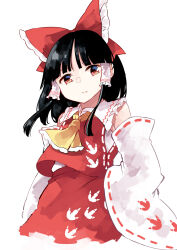 Rule 34 | 1girl, ascot, bare shoulders, black hair, bow, closed mouth, deetamu, detached sleeves, hair bow, hair tubes, hakurei reimu, highres, japanese clothes, looking at viewer, medium hair, nontraditional miko, red bow, red eyes, red skirt, ribbon-trimmed sleeves, ribbon trim, sidelocks, simple background, skirt, solo, touhou, unfinished dream of all living ghost, upper body, white background, white sleeves, wide sleeves, yellow ascot