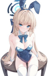 Rule 34 | 1girl, absurdres, animal ears, bare shoulders, blonde hair, blue archive, blue bow, blue eyes, blue hairband, blue leotard, bow, bowtie, braid, breasts, cleavage, detached collar, fake animal ears, hairband, halo, highleg, highleg leotard, highres, leotard, lisu, long hair, medium breasts, official alternate costume, official alternate hairstyle, playboy bunny, rabbit ears, sitting, solo, thighhighs, thighs, toki (blue archive), toki (bunny) (blue archive), very long hair, white thighhighs, wrist cuffs
