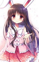 Rule 34 | 1girl, animal ears, arm up, black hair, blouse, bow, closed mouth, cowboy shot, frilled skirt, frilled sleeves, frills, gradient background, highres, houraisan kaguya, kemonomimi mode, long hair, long sleeves, looking at viewer, mauve, outstretched hand, pink background, rabbit ears, reaching, reaching towards viewer, red eyes, shirt, skirt, smile, solo, sparkle, standing, touhou, white bow
