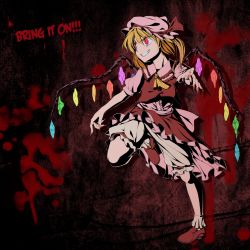 Rule 34 | 1girl, bad id, bad pixiv id, blonde hair, english text, female focus, flandre scarlet, full body, geppewi, hat, red background, red eyes, shoes, socks, solo, touhou, white socks, wings