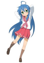 Rule 34 | 1girl, :3, absurdres, ahoge, arms behind back, arms up, blue hair, blush, brown footwear, brown socks, closed mouth, commentary request, full body, green eyes, highres, izumi konata, kicchi (tmgk), kneehighs, loafers, long hair, long sleeves, looking at viewer, lucky star, mole, mole under eye, neckerchief, pink neckerchief, pink sailor collar, pink skirt, purple hair, ryouou school uniform, sailor collar, school uniform, serafuku, shoes, simple background, skirt, socks, solo, white background
