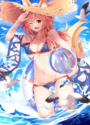 Rule 34 | &gt;;d, 1girl, ;d, animal ears, animal print, arm up, ball, beachball, bikini, bird, blue bikini, blue sky, bracelet, breasts, cleavage, cloud, collarbone, day, ears through headwear, fang, fate/grand order, fate (series), fox ears, fox tail, fujimaru ritsuka (female), groin, halterneck, hat, highres, holding, innertube, jewelry, large breasts, lens flare, long hair, looking at viewer, motion blur, nahaki, navel, necklace, one eye closed, open mouth, outdoors, pink hair, riyo (lyomsnpmp) (style), side-tie bikini bottom, signature, sky, smile, solo, sparkle, standing, straw hat, sun hat, swim ring, swimsuit, tail, tamamo (fate), tamamo no mae (fate/extra), tamamo no mae (swimsuit lancer) (fate), v-shaped eyebrows, wading, water, water drop, yellow eyes