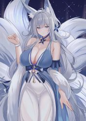 Rule 34 | 1girl, absurdres, animal ear fluff, animal ears, azur lane, bare shoulders, blue eyes, breasts, cleavage, closed mouth, collarbone, cowboy shot, detached collar, dress, feather boa, fox ears, fox tail, hand up, highres, kitsune, kyuubi, large breasts, long hair, mole, mole under eye, multiple tails, official alternate costume, shinano (azur lane), shinano (dreams of the hazy moon) (azur lane), silver hair, tail, tnr (horiko1525), two-tone dress