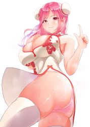 Rule 34 | 1girl, ass, bare shoulders, blush, breasts, chinese clothes, cleavage cutout, clothing cutout, dead or alive, double bun, dress, from below, hair bun, highres, honoka (doa), large breasts, long hair, looking at viewer, panties, pink hair, pointing, red eyes, sak1023, sleeveless, smile, solo, sweat, thighhighs, underwear, upskirt, white background
