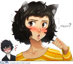 Rule 34 | 10s, 1boy, 1girl, amamiya ren, animal ears, black hair, blood, blush, brown eyes, cat ears, embarrassed, flying sweatdrops, glasses, heart, highres, kawakami sadayo, kemonomimi mode, messy hair, mleth, nosebleed, open mouth, paw pose, persona, persona 5, short hair, simple background, solo focus, upper body, white background