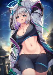 Rule 34 | 1girl, :d, alternate costume, animal ears, arm up, bike shorts, black shirt, black shorts, blue archive, blue eyes, breasts, cenangam, cleavage, collarbone, cowboy shot, crop top, ears through headwear, fox ears, gloves, grey hair, groin, halo, highres, hood, hooded jacket, jacket, large breasts, long sleeves, looking at viewer, midriff, navel, open clothes, open jacket, open mouth, shiroko (blue archive), shirt, short hair, short shorts, shorts, sleeveless, sleeveless shirt, smile, solo, sports bra, standing, stomach, sweat, white jacket