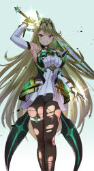 Rule 34 | 1girl, alternate costume, aqua background, arm up, armor, armpits, backlighting, black panties, black pantyhose, blonde hair, blush, breasts, closed mouth, diffraction spikes, dress, elbow gloves, faulds, feet out of frame, floating hair, gloves, glowing, gradient background, headgear, holding, holding sword, holding weapon, large breasts, legs, legs together, long hair, looking at viewer, mythra (massive melee) (xenoblade), mythra (xenoblade), nintendo, ooshima aki, panties, panties over pantyhose, pantyhose, sidelocks, sleeveless, sleeveless dress, smile, solo, standing, super smash bros., sword, thigh strap, torn clothes, torn pantyhose, underwear, v-shaped eyebrows, very long hair, weapon, white dress, white gloves, xenoblade chronicles (series), xenoblade chronicles 2, yellow eyes