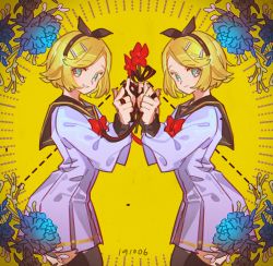 Rule 34 | 2girls, aqua eyes, aqua flower, arched back, bad id, bad pixiv id, black bow, blonde hair, bow, cut-here line, dress, dual persona, flower, hair ornament, hairband, hairclip, haun, highres, holding, holding ribbon, kagamine rin, kyoufu garden (vocaloid), long sleeves, looking at viewer, looking to the side, multiple girls, pleated dress, ribbon, sailor collar, sailor dress, short hair, sketch, smile, symmetry, thighhighs, vocaloid, yellow background, yellow theme, zettai ryouiki