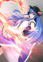 Rule 34 | &gt;:), 1girl, black hat, blue hair, bow, bowtie, dutch angle, fire, food, foreshortening, frilled skirt, frills, fruit, gnlo, grin, hat, highres, hinanawi tenshi, holding, holding sword, holding weapon, leaf, long hair, long skirt, looking at viewer, peach, puffy short sleeves, puffy sleeves, rainbow order, red bow, red bowtie, red eyes, shirt, short sleeves, sidelocks, skirt, smile, solo, sword, sword of hisou, touhou, v-shaped eyebrows, very long hair, weapon, white shirt