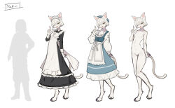 Rule 34 | 1girl, :3, animal ears, apron, aqua dress, arm behind back, black dress, breasts, buttons, cat ears, cat girl, cat tail, colored skin, completely nude, dress, full body, furry, furry female, groin, head tilt, index finger raised, lansane, long dress, long sleeves, looking at viewer, maid, maid apron, maid headdress, multiple views, navel, no nipples, nude, one eye closed, open mouth, original, short hair, simple background, small breasts, solo, standing, tail, white apron, white background, white hair, white skin, yellow eyes