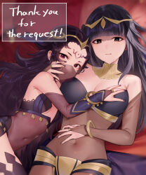 Rule 34 | 2girls, bare shoulders, black hair, blunt bangs, bodystocking, breasts, circlet, cleavage, covered navel, facial mark, fire emblem, fire emblem awakening, fire emblem fates, hair ornament, hand on another&#039;s chest, haru (nakajou-28), large breasts, long hair, looking at viewer, multiple girls, nintendo, nyx (fire emblem), purple nails, red eyes, see-through, small breasts, tharja (fire emblem), veil