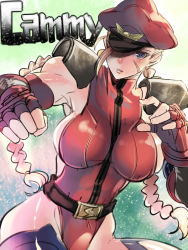 Rule 34 | 1girl, alternate costume, bad id, bad pixiv id, belt, blonde hair, blue eyes, braid, breasts, cammy white, character name, cosplay, detached sleeves, fighting stance, fingerless gloves, gloves, hat, hat over one eye, impossible clothes, large breasts, leotard, long hair, looking at viewer, m. bison, m bison (cosplay), peaked cap, ran komomo, red leotard, scar, shoulder pads, sideboob, skin tight, solo, street fighter, street fighter iv (series), thighhighs, thong leotard, toned, twin braids