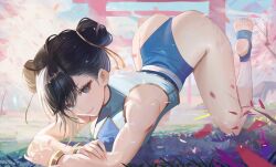 Rule 34 | 1girl, ass, blue leotard, bracelet, breasts, brown hair, capcom, chun-li, crop top, double bun, feet up, foot wraps, gold bracelet, grass, grey eyes, hair bun, hair ribbon, hanging breasts, highleg, highleg leotard, highres, jewelry, leotard, leotard under clothes, looking at viewer, medium breasts, neo (neorarty3), on grass, on ground, ribbon, sleeveless, solo, street fighter, toned, top-down bottom-up, torii