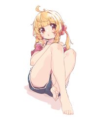 Rule 34 | 1girl, aoi tori, bare legs, bare shoulders, barefoot, black shorts, blonde hair, blush, colored shadow, crossed legs, hair bobbles, hair ornament, highres, long hair, looking at viewer, off-shoulder shirt, off shoulder, original, parted lips, pink shirt, red eyes, shadow, shirt, short shorts, shorts, side ponytail, simple background, sitting, solo, white background
