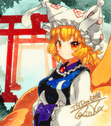 Rule 34 | 1girl, animal hat, bad id, bad pixiv id, blonde hair, commentary request, dress, fox tail, frills, hands in opposite sleeves, hat, mob cap, multiple tails, multiple torii, ofuda, orange eyes, mob cap, qqqrinkappp, shikishi, short hair, smile, tabard, tail, torii, touhou, traditional media, yakumo ran