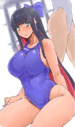 Rule 34 | 10s, 2girls, asics, black hair, bow, breasts, colored inner hair, competition swimsuit, green eyes, hair bow, large breasts, long hair, looking at viewer, minakami (flyingman555), multicolored hair, multiple girls, nail polish, oekaki, one-piece swimsuit, panty &amp; stocking with garterbelt, pink hair, stocking (psg), swimsuit, thighs, very long hair
