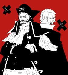 Rule 34 | 2boys, back-to-back, color background, crossed arms, facial hair, glasses, gol d. roger, hat, jacket, monochrome, multiple boys, mustache, one piece, pirate, red background, sash, shivanel, silvers rayleigh, souji (souji-59)