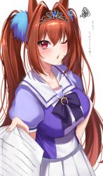 Rule 34 | 1girl, absurdres, animal ears, blue bow, blue shirt, blush, bow, breasts, brown hair, collarbone, daiwa scarlet (umamusume), fang, hair intakes, hand up, highres, holding, horse ears, large breasts, long hair, looking at viewer, one eye closed, parted lips, pleated skirt, puffy short sleeves, puffy sleeves, red eyes, school uniform, shirt, short sleeves, simple background, skirt, solo, squiggle, tiara, tracen school uniform, translation request, twintails, umamusume, very long hair, white background, white skirt, yayoi maka