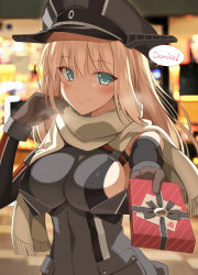 Rule 34 | 1girl, bismarck (kancolle), blonde hair, blurry, blush, bokeh, box, breasts, breath, depth of field, german text, gift, gift box, gloves, hat, highres, holding, holding gift, kantai collection, large breasts, long hair, looking at viewer, military, military uniform, night, ohta yuichi, outdoors, peaked cap, scarf, smile, solo, speech bubble, translated, uniform, upper body, valentine, yellow scarf