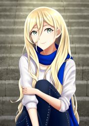 Rule 34 | 1girl, blonde hair, blue scarf, green eyes, hair between eyes, high-waist pants, kantai collection, long hair, looking at viewer, mole, mole under eye, mole under mouth, mugiaki, pants, richelieu (kancolle), scarf, shirt, sitting, smile, solo, stairs, white shirt