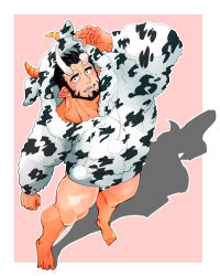 Rule 34 | 1boy, absurdres, animal costume, animal ears, bara, beard, black hair, blush, briefs, broken horn, bulge, chinese zodiac, cow boy, cow costume, cow ears, cow horns, demon boy, demon horns, facial hair, fake animal ears, foreshortening, from above, full body, highres, hood, hoodie, horns, kizami nori to yamaimo, live a hero, looking at viewer, male focus, male underwear, mature male, muscular, muscular male, nessen (live a hero), no pants, pointy ears, print male underwear, short hair, smile, solo, thighs, underwear, white hoodie, year of the ox