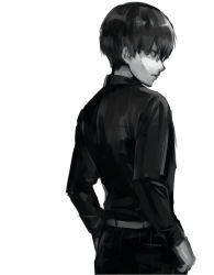Rule 34 | 1boy, ass, belt, black reaper, closed mouth, from behind, grey background, greyscale, kaneki ken, long sleeves, male focus, monochrome, pants, shiromi (ringo), shirt, shirt tucked in, short hair, simple background, solo, tokyo ghoul