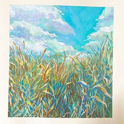 Rule 34 | blue sky, cloud, cloudy sky, grass, mimoth, no humans, original, painting (medium), pastel (medium), plant, scenery, sky, tall grass, traditional media, white background