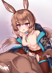 Rule 34 | 1boy, 1girl, amiya (arknights), animal ears, arknights, assertive female, black pantyhose, blue choker, blush, breasts, brown hair, check commentary, choker, clenched teeth, clothed female nude male, clothed sex, collarbone, commentary request, cowgirl position, cum, cum in pussy, donkey ears, donkey girl, ehart, foaming at the mouth, girl on top, glowing, glowing eyes, gradient background, guided penetration, hand grab, heart, hetero, implied rape, jacket, jewelry, long hair, long sleeves, looking at another, multiple rings, navel, nipples, nude, off shoulder, open clothes, open jacket, open mouth, pantyhose, penis, pink eyes, ponytail, pussy juice, rabbit ears, rabbit girl, ring, sex, sidelocks, slit pupils, small breasts, smile, straddling, teeth, torn clothes, torn legwear, uncensored, very long hair