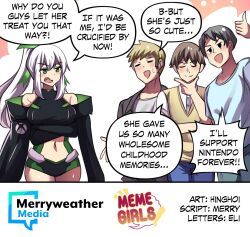Rule 34 | 1girl, 3boys, bare shoulders, black eyes, blonde hair, breasts, brown hair, closed eyes, closed mouth, clothing cutout, comic, english text, green eyes, green ribbon, grey hair, hair ribbon, highres, hinghoi, jacket, large breasts, long hair, merryweather, multiple boys, navel cutout, open mouth, original, personification, ponytail, product girl, ribbon, shirt, sidelocks, smile, speech bubble, sweatdrop, sweater vest, thumbs up, white hair, xbox series x (personification)